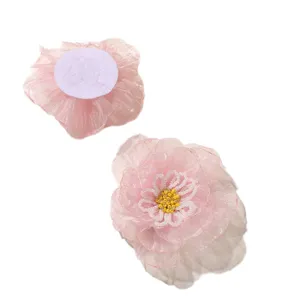 Pink organza burnt edge beaded flower DIY hair accessories wedding dress garment decor appliques