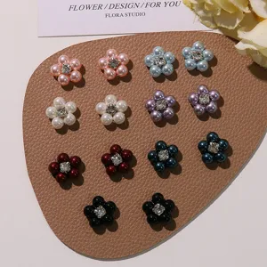 Retro baroque rhinestone beaded five petal pearl flower DIY charms for nail art and jewelry making