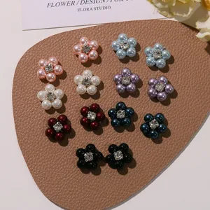 DIY pearl flower charms with rhinestones, vintage baroque five-petal accessories for nail art.