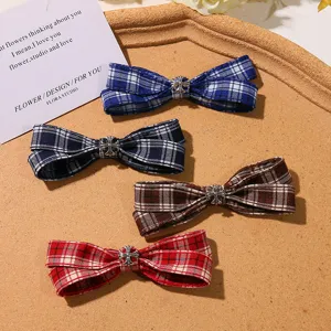 Plaid bow hair clips with metal cross charm for women JK uniform daily styling accessories