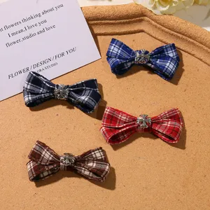 Plaid bow hair clips with metal cross charm, vintage British style JK hair accessories for women.