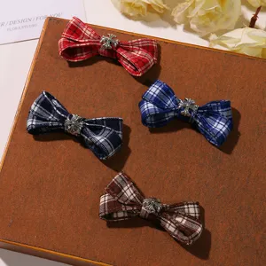 Plaid bow hair clips set retro metal cross side clips JK uniform hair accessories