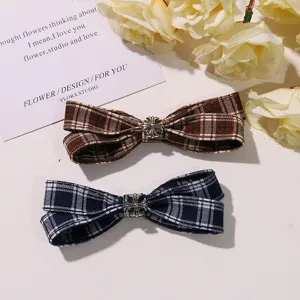 Plaid hair bow clip with metal cross design, JK style cute hair accessories for daily wear.