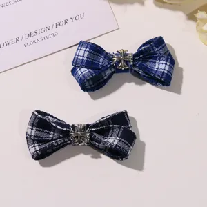 Blue plaid hair clips with silver cross charm, cute bow hair barrettes for women girls daily use.