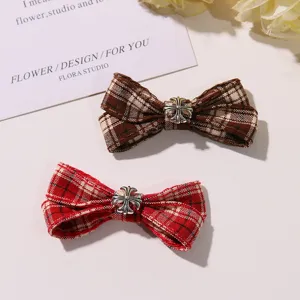 British style plaid bow hair clips with metal cross accent, cute JK uniform side hair pin.