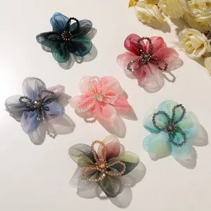 Organza flower details, crystal bead center, gradient ink style, perfect for DIY hair accessories.