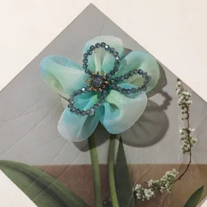 Organza five petal flower hair accessory with crystal beads detail for DIY Hanfu headwear