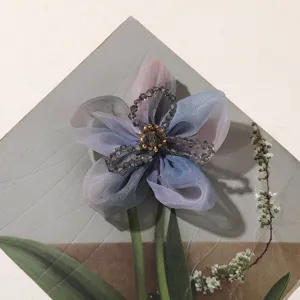 Organza five petal flower DIY hair accessory with crystal bead core for Hanfu hair decoration.