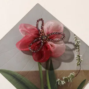 Red gradient organza five petal flower DIY hair accessories with crystal bead core material