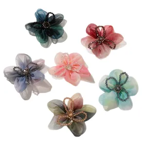 Organza five-petal flower hair accessories with crystal bead core for DIY crafts and Hanfu.