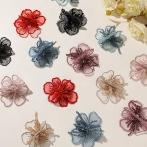 Flor de Organza Bordada 3D Con Centro de Cuentas Manualidad DIY para Accesorios del Cabello Hanfu Decoración de Ropa