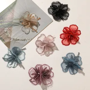 Flores de cuentas de organza parches 3d aplicaciones florales transparentes para accesorios.