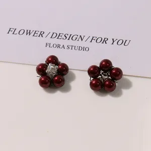 Retro Burgundy Imitation Pearl Flower DIY Jewelry Accessories Rhinestone Beaded Five-Petal Charms