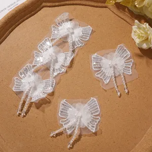 White Lace Beaded Bow Applique Sequin Chiffon Butterfly Patch DIY Craft Hair Accessories