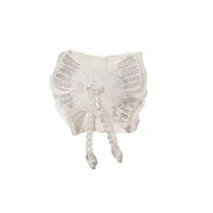 White sequin chiffon bow patch with crystal bead tassel, DIY craft hair accessory and clothing trim.