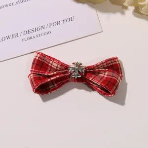Red plaid bow hair clip detail shot with silver cross metal charm for daily sweet style