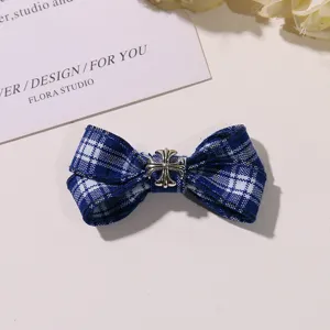 Blue plaid bow hair clip with silver cross, perfect for JK uniform and daily cute fashion.