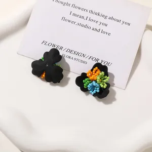 Handmade black beaded flower earrings DIY accessories fresh floral jewelry studs style 1pair
