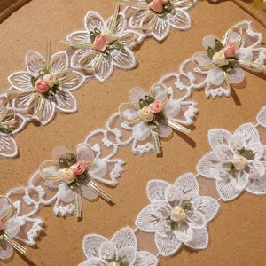 White lace trim floral mesh 3d bow embroidery organza flower apparel DIY accessory detail