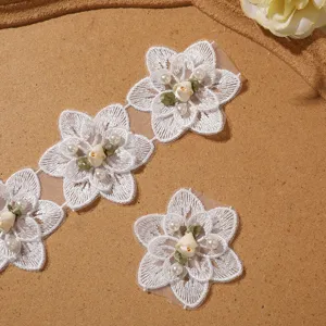 Close-up detail of white lace trim with 3d embroidered flowers, pearls and ribbon roses.