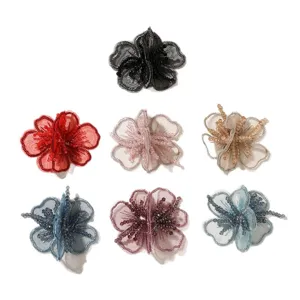 Flor cuentas organza parche DIY accesorios cabello Hanfu manualidades multicolor