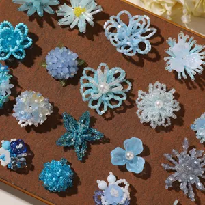 Handmade blue beaded flower DIY accessories for earrings, brooches, hairpins, and shoe charms.