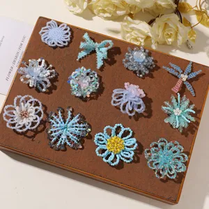 Blue handmade beaded flower DIY accessories for summer vacation earrings, brooches and hair clips.
