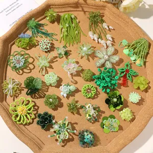 Summer Forest Style Green Beaded Flower Charm For DIY Earrings Hair Clips Shoe Decoration Handmade Glass Bead Floral Accessory