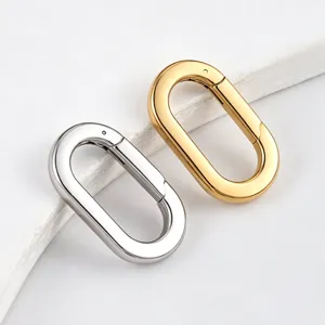 Stainless steel oval spring clasp detail shot, polished jewelry accessory connector for DIY crafts.