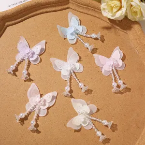 Korean Style Double Layer Mesh Butterfly Patch With Beaded Tassels DIY Garment Accessory Fairy Princess Hair Ornament Corsage Craft
