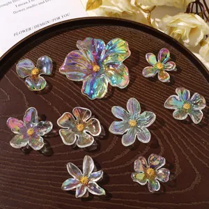 Transparent iridescent acrylic flower DIY accessories with golden pistils for jewelry making