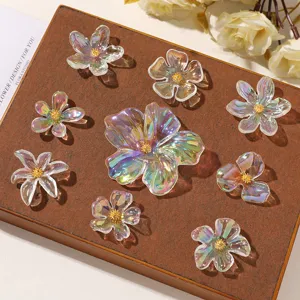 Clear iridescent acrylic flower DIY charms, irregular floral accessories for jewelry making.