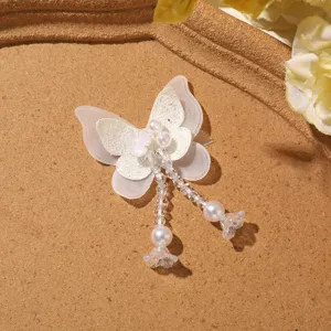 Korean style double layer mesh butterfly patch with beaded tassel for DIY hair accessories.
