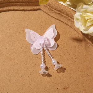 Pink butterfly hair clip DIY accessory double layer mesh pearl bead tassel princess style