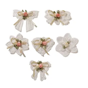 White lace mesh 3D bow flower patches, DIY embroidery organza appliques for hair accessories.