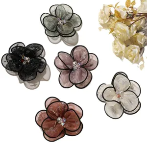 3D mesh fabric flower DIY accessories with rhinestones for hair clips and apparel decoration.