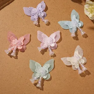 Double Layer Mesh Butterfly Patch With Tassel Glass Seed Beads Sweet Princess Style Dopamine DIY Hair Clothing Accessory