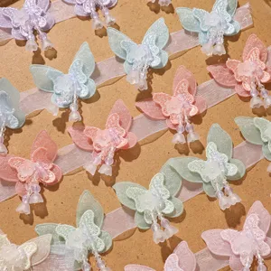 Double-layer butterfly mesh beaded patches with tassels, sweet DIY hair accessories apparel.