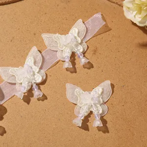 Double layer butterfly patch DIY hair accessory clothing trim beaded tassel mesh applique