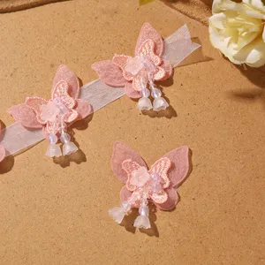 Pink double layer mesh butterfly patches with beads and tassels for DIY hair accessories crafts.
