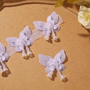 Close-up view of purple mesh double-layer butterfly patch with delicate beads and tassel details.