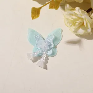 Blue double layer mesh butterfly patch with beads and tassel for DIY hair accessories.