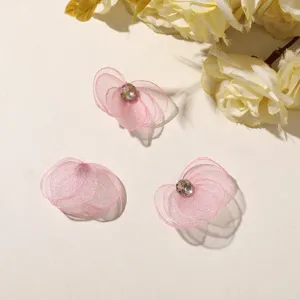 Pink mesh flower DIY accessories appliques for earrings hair clips clothing crafts decoration
