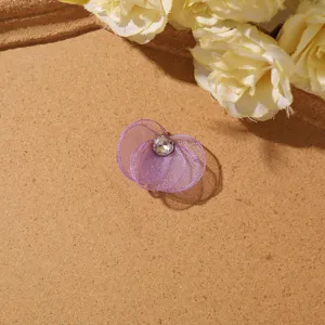 Purple organza flower crystal DIY accessory detail shot, perfect for handmade earrings and hair pins.