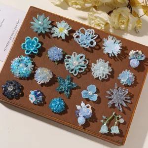 Blue handmade beaded flower DIY accessories for earrings brooches hair clips shoe charms.