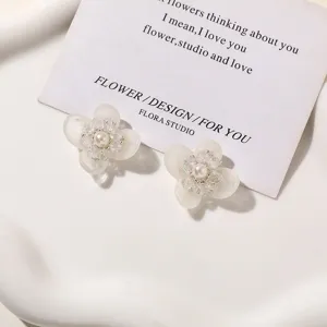 Sweet resin dyed four-petal flower earrings with crystal pearl center DIY chic fashion accessories
