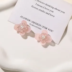 Sweet pink resin four-petal flower stud earrings with crystal pearl center DIY accessories.
