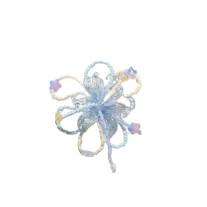 Handmade blue beaded flower DIY accessory for earrings brooch hair clip holiday style charm.