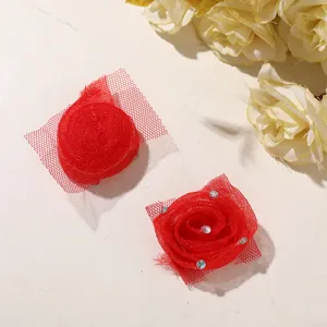 Fleur de rose 3D en mousseline rouge accessoire de bricolage pour pinces et vêtements.