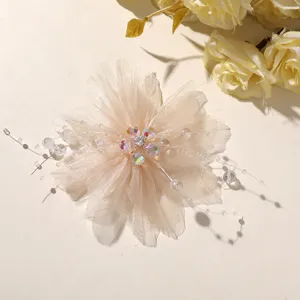 Sweet mesh crystal beaded flower hair clip DIY accessory for elegant gentle style clothing corsage.